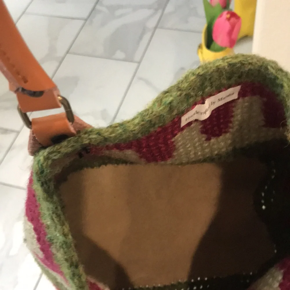 Handcrafted Crochet Green & Berry Tote Bag with Leather Handles - Picture 5 of 7